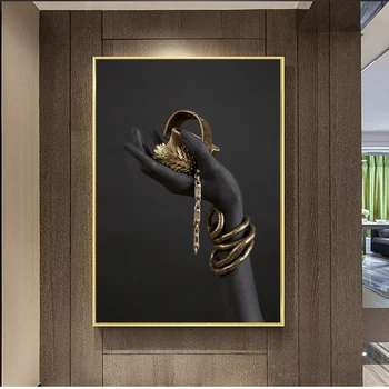 Plátno, Vytlačí Čierna Žena Ruke S Zlaté Šperky Maľovanie Na Stenu Umenie Nordic Plagát Modulárny Obrázky Obývacia Izba Domova Rám