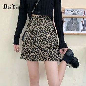 Beiyingni dámske Sukne Leopard Slim 2020 Módne Vysoký Pás Riadok Mini Sukne Ženy Vintage Bežné Split Sexy Klub Jupe Femme