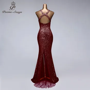 Nový sexy späť Burgundsko sequin večerné šaty vestido de festa prom šaty vestidos elegante strany noc šaty sukienki wizytowe