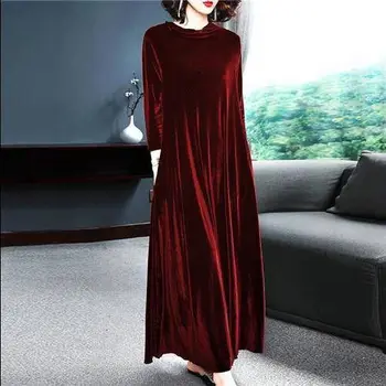 Jeseň Zima Bežné Pevné 4XL Plus Veľkosť Dlhé Šaty Žena Vintage Voľné Zamatové Šaty Elegantné Ženy Bodycon Vestido