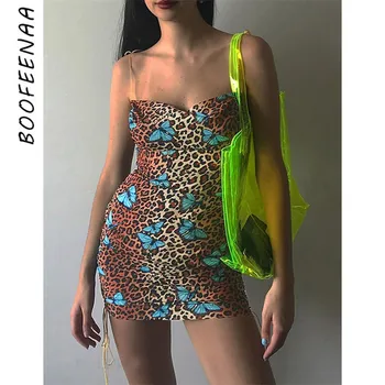 BOOFEENAA Motýľ Leopard Tlač Sexy Letné Šaty 2020 Backless Špagety Popruh Bodycon Mini Šaty Club Nosenie C94-AZ43