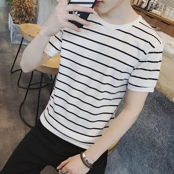 Krátke sleeve T - shirt pánske letné oblečenie pánske T - shirt trend kórejský slim golier prúžok polovičný rukáv