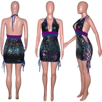 Sexy plavky s uväzovaním za tvaru Iskrivý Sequin Šaty Žien Party Night Club Backless Čipky Narodeniny Mini Obväz Bodycon Šaty Vestidos