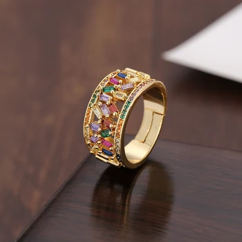 Vysoko kvalitné dámske zlaté cz otvoriť krúžok nastaviteľné rainbow krúžok Snubné prstene, Viacfarebná crystal medený krúžok pre ženy