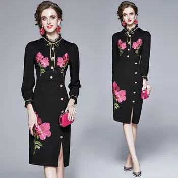 2020 jeseň zima Dráhy Vysokej kvalite Ročníka Kvetinový Vyšívané Šaty Elegantné Ženy O-Krk dlhý rukáv Slim Party Šaty