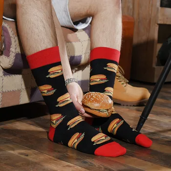 1 Pár Mužov Posádky Ponožky Bavlna Tvorivé Potravín Hamburger, Hranolčeky Vzor EÚ Veľkosť 39-47