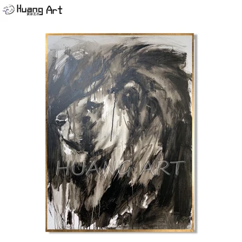 Výtvarné Umenie Pôvodné Živočíšne Ručne maľované Vysoko Kvalitný Moderný levej Strane Tváre, olejomaľba na Plátne Black White Lion Maľovanie
