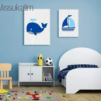 Námornícka Modrá Veľryba Pláva Nástenné Maľby Nástenné Umelecké Plátno Na Maľovanie Plagát, Plagáty A Vytlačí Babi Nordic Plagát Chlapec Miestnosti Dekorácie