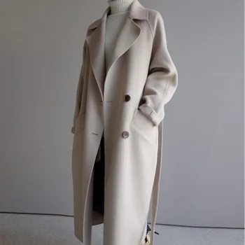Zimné Béžová Elegantné Vlna Zmes Ženy Kórejský Módne Čierne Dlhé Kabáty Vintage Minimalistický Vlnené Kabát Camel Nadrozmerná Outwear