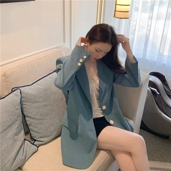 Modrá kórejský Módne Ženy Blejzre Coats Dlhý Rukáv s Drážkou Golier Single-breasted Vrecká Bundy Príležitostné Voľné Blejzre Femme