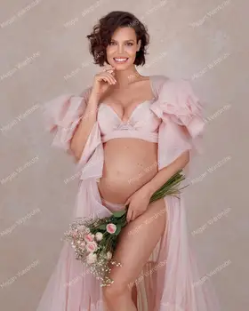 Ružová Tylu Materskej Šaty Nafúknuté Rukávy Úplnej Sexy Svadobné Fotenie Tylu Šaty Na Zákazku Plus Veľkosť Tylu Plášte