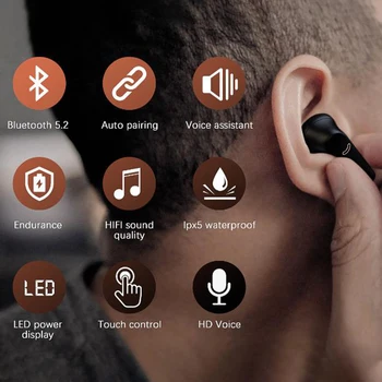 J5 Bluetooth 5.2 Slúchadlá HD Bezdrôtové Stereo Slúchadlá Dotyk Bluetooth Slúchadlá Športové Nepremokavé S Mikrofónom