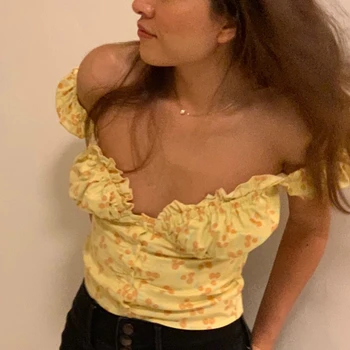Letné topy pre ženy blúzky yellow polka dot plodín top sexy lístkového rukáv, blúzky, ženy košele prehrabať top streetwear