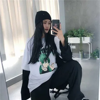NiceMix Harajuku štýl Zelená komické znak tlače patchwork top Jeseň streetwear falošné 2 ks dlhý rukáv T-shirt ženy muži t
