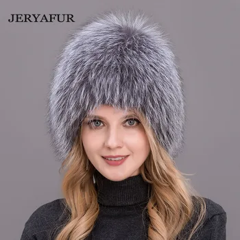JERYAFUR NOVÉ ruskej bomer čiapky ženy zimné kožušiny klobúk skutočné fox kožušinové čiapky pletené silver fox kožušinové čiapky žena