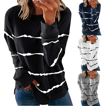 Tie-dye Vytlačené Pruhovaný O Krk Voľné Dlho Puzdre Bežné Ženy Tričko Pre Jesenné A Zimné Multicolor Tlač 2020 Nové