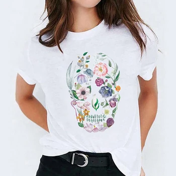 Tričko pre Ženy, Krátky Rukáv Kvetinový Lebky Leto, Jeseň a Halloween Tlač Lady T-shirts Ženský Čaj Top Dámske Grafické T-Shirt