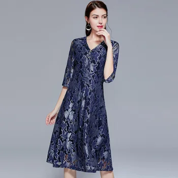 4XL Čipky Šaty 2020 Jar Leto Plus Veľkosť Oblečenie Žien tvaru Kvetinové Vzory, Polovičný Rukáv Polovici Teľa Dĺžka Modré Šaty Žena