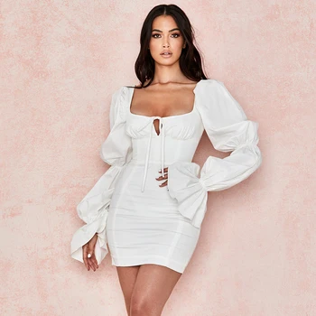 2020 Jeseň Ženy Móda Dlhý Rukáv Šaty Voľné Bežné Sexy Party Šaty Krátke Mini Vestidos Dámske Oblečenie
