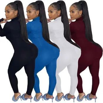 Jeseň 2020 nové módne farbou slim fit športové Jumpsuit bežné V-krku zips, dlhý rukáv dámske top a nohavice