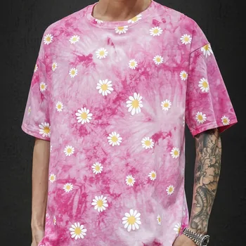 Letné Kvetina T Shirt pánske Módne tie-dye Bežné Bavlnené tričko Mužov Streetwear Voľné Hip Hop-Krátke rukávy Tričko Pánske M-5XL