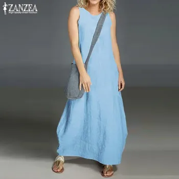 2021 ZANZEA Bežné Maxi Vestidos Dámske Letné Sundress Vintage O Krk bez Rukávov Neforemné Nádrž Šaty Šaty Plus Veľkosť Šaty Bavlna
