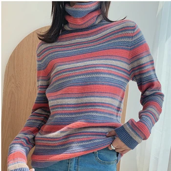 Smpevrg fashion stripe ženy sveter vlna pletený sveter ženy pulóver s dlhým rukávom turtleneck vytiahnuť femme jumper mäkké teplé