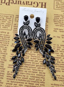 Idealway Black Listy Náušnice Veľké Drahokamu Dlhé Náušnice pre Ženy Visiace Náušnice s Kamene Čierna Módne Šperky Bijoux