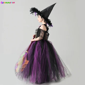 Fialová, Čierna Dievčatá Halloween Čarodejnice Tutu Šaty, Kostým s Klobúk Detský Karneval Party Cosplay Fancy Dress Up Šaty Čarodejnice Šaty