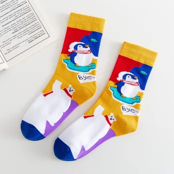PEONFLY Nové Česaná Bavlna dámske Ponožky Zábavné Harajuku Roztomilý Novinky, Cartoon Penguin Krava Vianočné Pár Ponožky Vianočný Darček