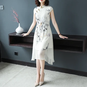 2020 Ženy, Letné Šaty Vysokej Kvality Moruša Hodvábne Šaty Čínsky Štýl Retro Tlač Lepšiu Cheongsam Šaty