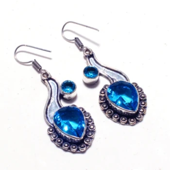 Skutočné Blue Topaz Strieborný Obal na Medené Náušnice , Ručne vyrobené Ženy Šperky Darček, E5417