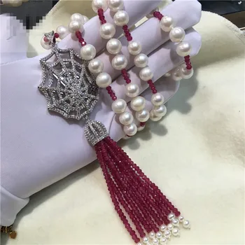 Ručne viazané prírodné 8-9mm biela nearl kolo sladkovodné perly červený kameň micro vložkou zirkón strapec náhrdelník módne šperky