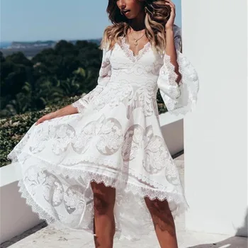 Plus Veľkosť 2018 Ženy Jesenné Vinobranie Čipky Šaty Elegantné Party Sexy Fashion White Midi Šaty