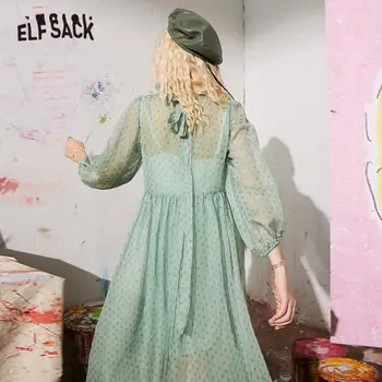 ELFSACK Zelená Polka Dot Bežné Čipky Ženy Šifón Šaty 2020 Lete ELF Vintage Vidieť-Cez kórejský Dámy Každodennej Práci Šaty