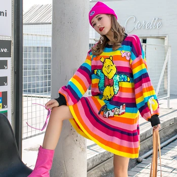 Thajsko príliv značky dámy pletené sveter zimné rainbow prekladané sequined sveter lenivý vietor sveter žena plus veľkosť šaty