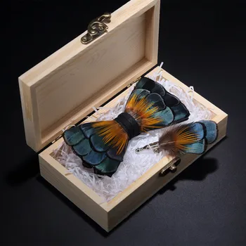 RBOCOTT Pôvodná Zelená Vtákov Pierko motýliky Prírodné Ručne Vyrobené Bowtie Brošňa v Drevenej Krabici Darček Box Set Pre Mužov Business Strany