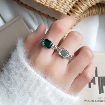 LouLeur 925 sterling silver štvorec zelený biely zirkón reťazca prstene strieborné jednoduché wild elegantné otvoriť prstene pre ženy, jemné šperky