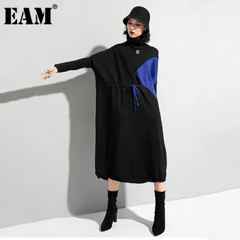 [EAM] Ženy Modrá Pletenie Šnúrkou Veľká Veľkosť Šaty Nové Turtleneck Dlhý Rukáv Loose Fit Móda Jeseň Zima 2021 1DD1334