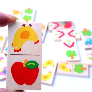 28pcs Drevené Domino Ovocie Zvierat Rozpoznať Bloky Domino Hry Jigsaw Montessori Deti, Učenie, Vzdelávanie Puzzle Detská Hračka