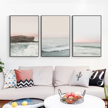 Moderné Oceán Tlač Ružovej Vlny Galéria Wall Art Plátno, Maľovanie na Pláži Krajiny Plagáty na Stenu Obrázky pre Obývacia Izba Domova