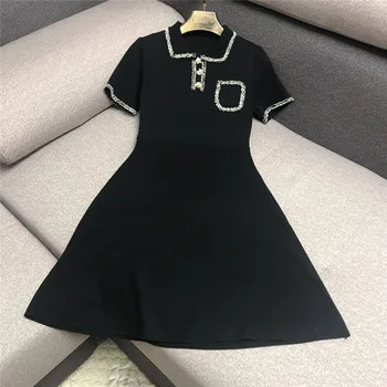 Luxusné Dizajnér Značky Pletené Šaty pre Ženy Bežné Bábika Golier Strapce Za Duté Sa Hepburn Pletené Šaty Black