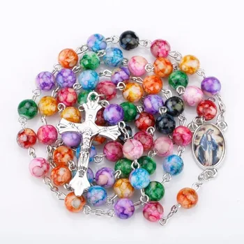 Farebné korálky ruženec náhrdelník Panny Márie, kríž dlho náboženské dlhý náhrdelník s príveskom