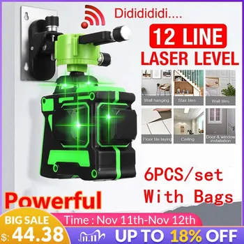 6Pcs 3D 12Lines Laser Úrovni Zelené Svetlo Vlnovej dĺžky 532nm Automatickom Vyrovnanie 360 Rotačné Vertikálne Horizontálne Línie, Laserové Úrovni