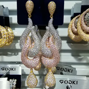 GODKI Luxusný 3 Tón Farieb Kvapka Vody Trendy Cubic Zirconia Naija Svadobné Party Náušnice Módne Šperky pre Ženy