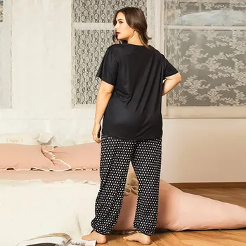DOIB Plus Veľkosť Pyžamo Ženy Kreslených Mačka Čierna T-košele, Dlhé Nohavice Veľkosť Sleepwear Letné Voľné oblečenie pre voľný čas Dvoch Kus Vyhovuje