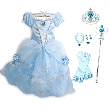 Dievčatko Šaty, Modrý Kvet Cosplay Kostým Popoluška Sandy Deti Princezná Oblečenie Detí, Narodeniny, Party Frocks Oblečenie Parochňu