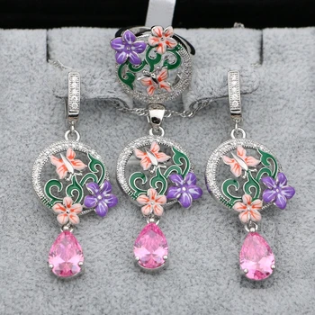 Jemné Striebro 925 Šperky Sady Pink&Fialová Smalt s Topaz Náušnice Ženy Motýľ Kvetinová Výzdoba Jewellry Dropshipping