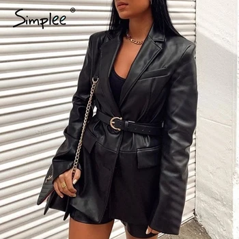 Simplee Black Faux Kožené Sako Singel svojim klope vrecko dlhý rukáv kožené High street módy, zimný kabát 2020 nové