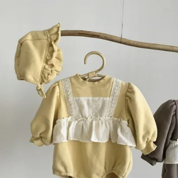 2021 Jar Nové Fleece Prehrabať Baby Girl Kombinézu Roztomilý Čipky Pohodlné Teplé Princezná Jumpsuit Baby Girl Šaty S Klobúkom